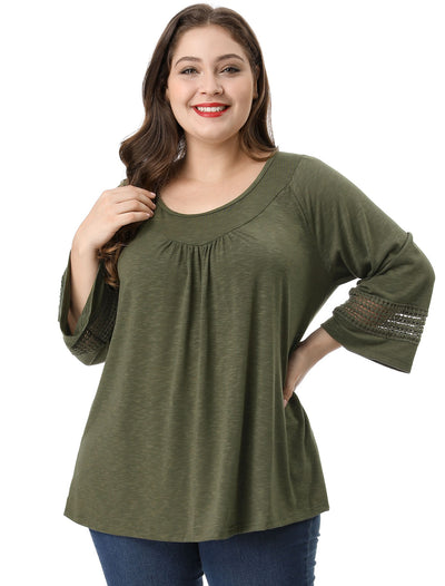 Plus Size Plain Long Crochet Sleeve Loose Blouse