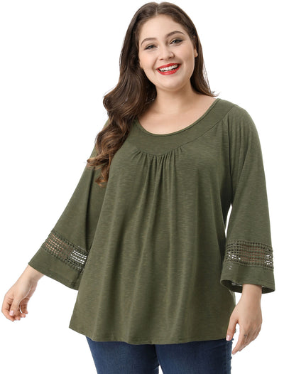 Plus Size Plain Long Crochet Sleeve Loose Blouse