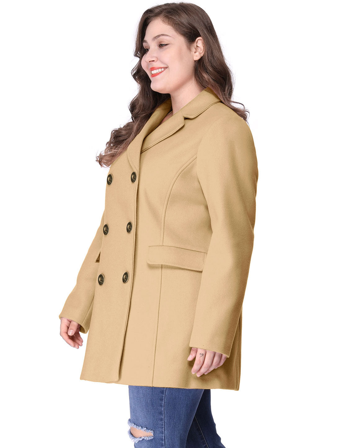 Bublédon Women's Plus Size Notched Lapel Double Breasted Coat