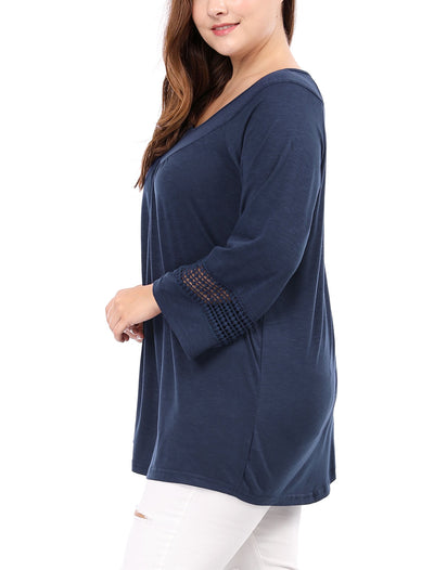 Plus Size Plain Long Crochet Sleeve Loose Blouse