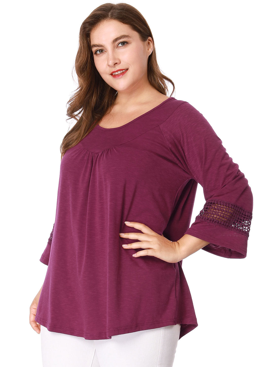 Bublédon Plus Size Plain Long Crochet Sleeve Loose Blouse