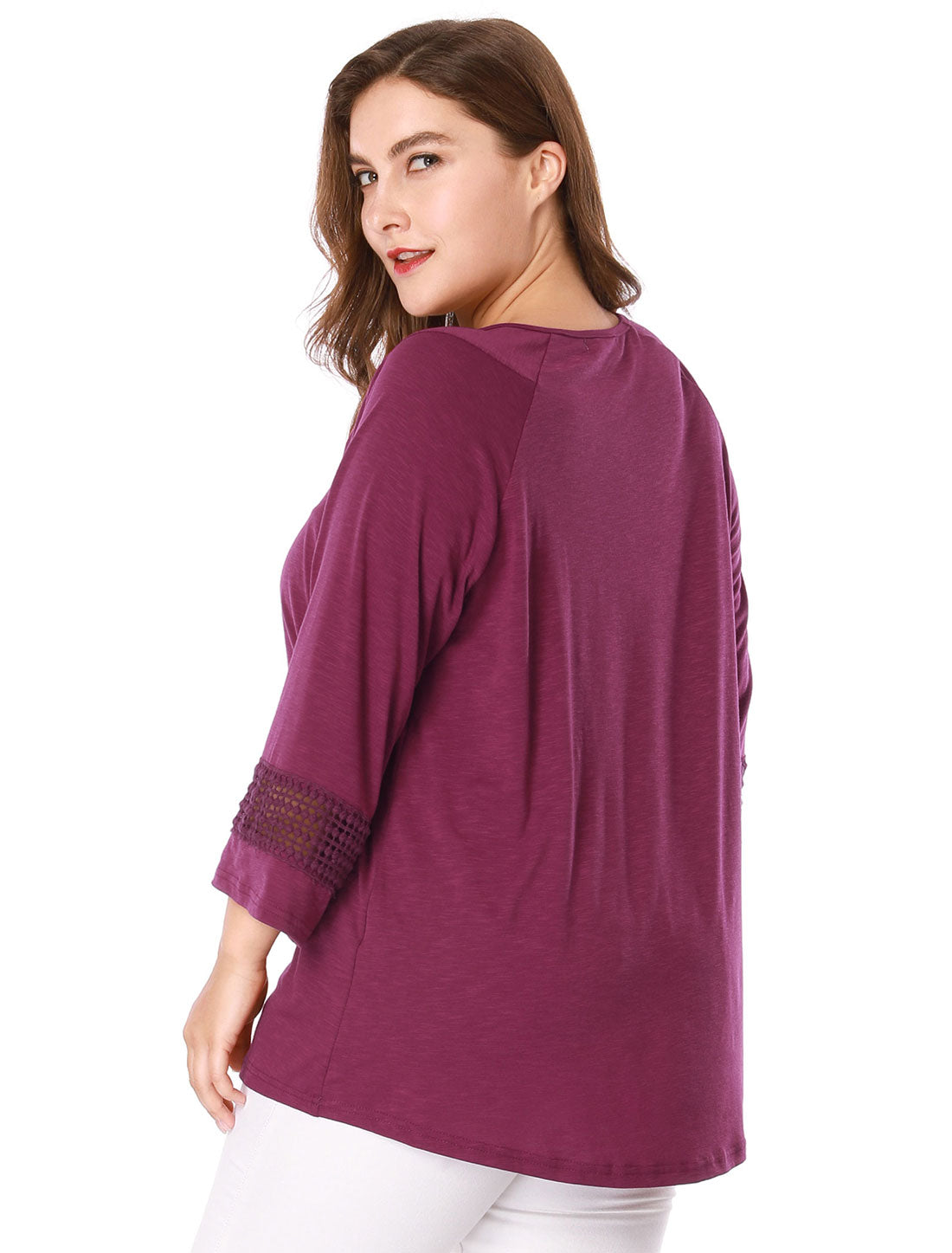 Bublédon Plus Size Plain Long Crochet Sleeve Loose Blouse