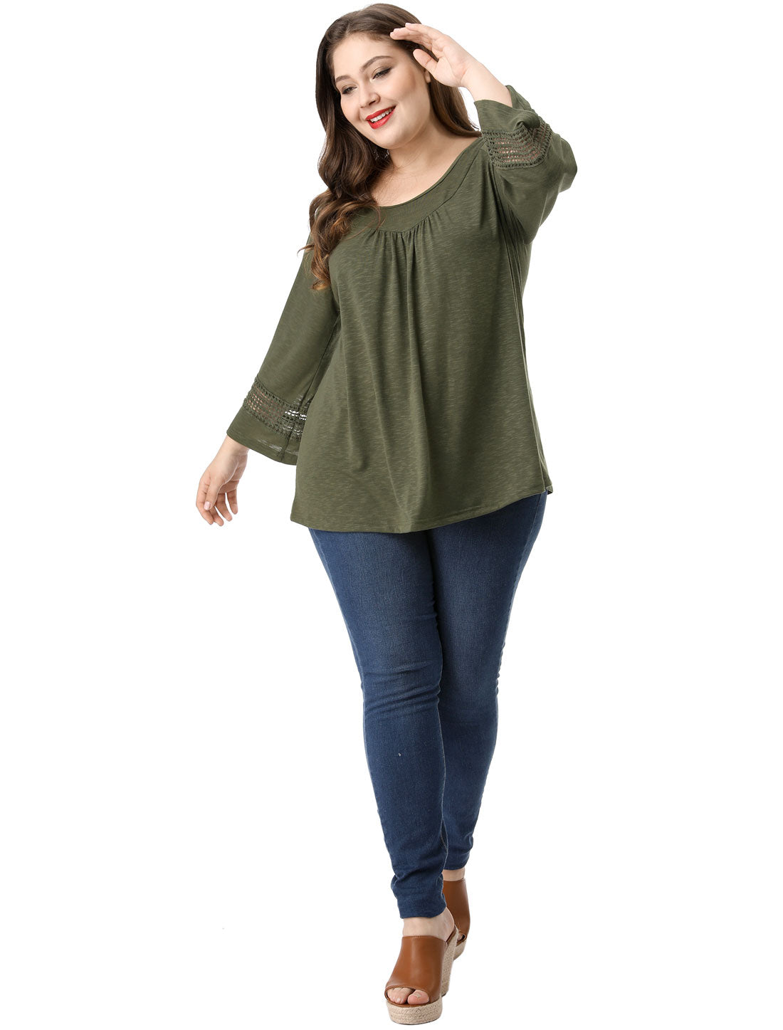 Bublédon Plus Size Plain Long Crochet Sleeve Loose Blouse