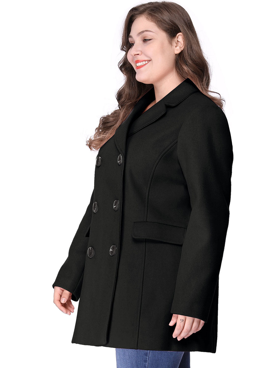 Bublédon Women's Plus Size Notched Lapel Double Breasted Coat