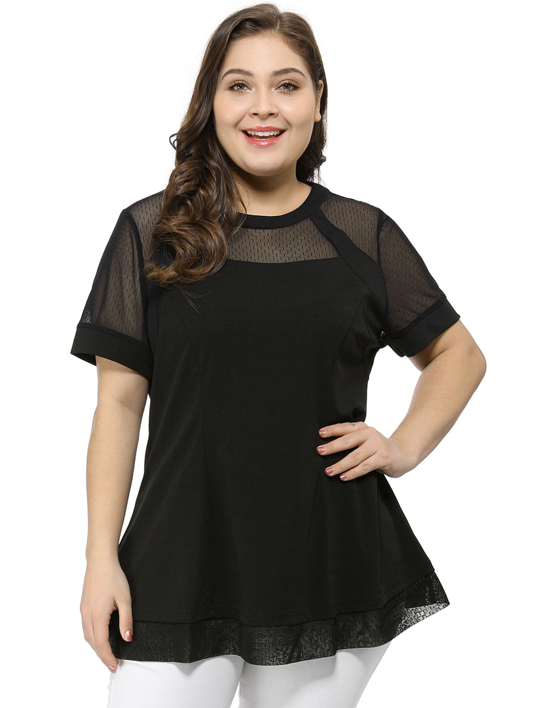 Bublédon Mesh X Line Round Neck Short Sleeve Blouse