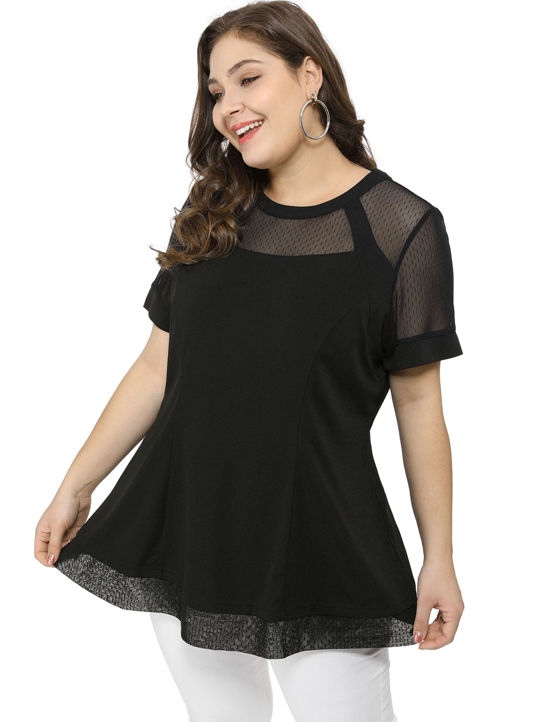 Bublédon Mesh X Line Round Neck Short Sleeve Blouse