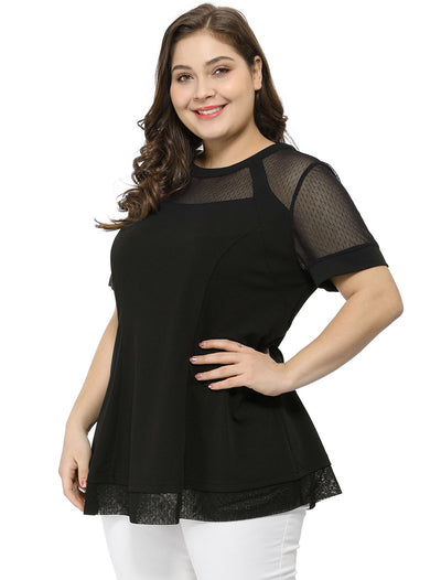 Mesh X Line Round Neck Short Sleeve Blouse