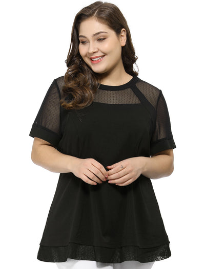 Mesh X Line Round Neck Short Sleeve Blouse