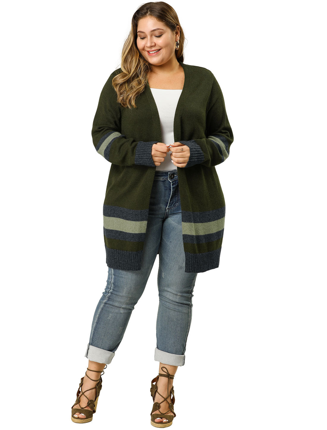 Bublédon Women's Plus Size Striped Open Front Sweater Cardigan