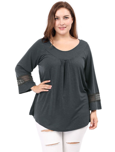 Plus Size Plain Long Crochet Sleeve Loose Blouse