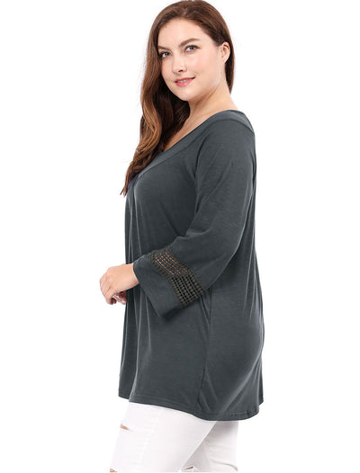 Plus Size Plain Long Crochet Sleeve Loose Blouse