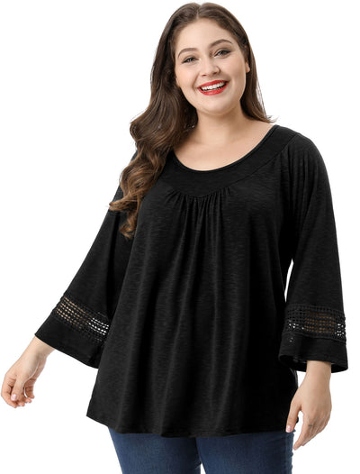 Plus Size Plain Long Crochet Sleeve Loose Blouse