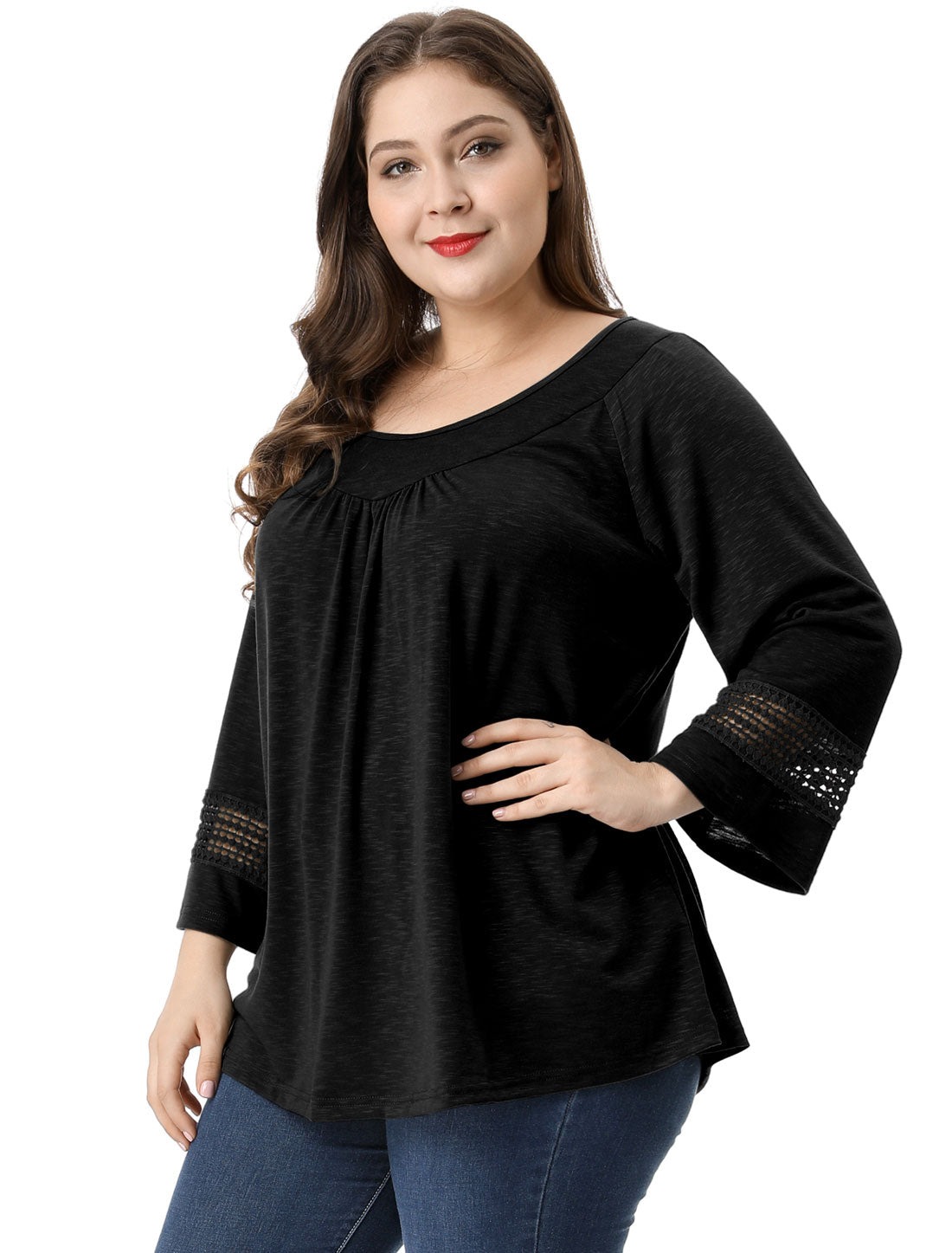 Bublédon Plus Size Plain Long Crochet Sleeve Loose Blouse