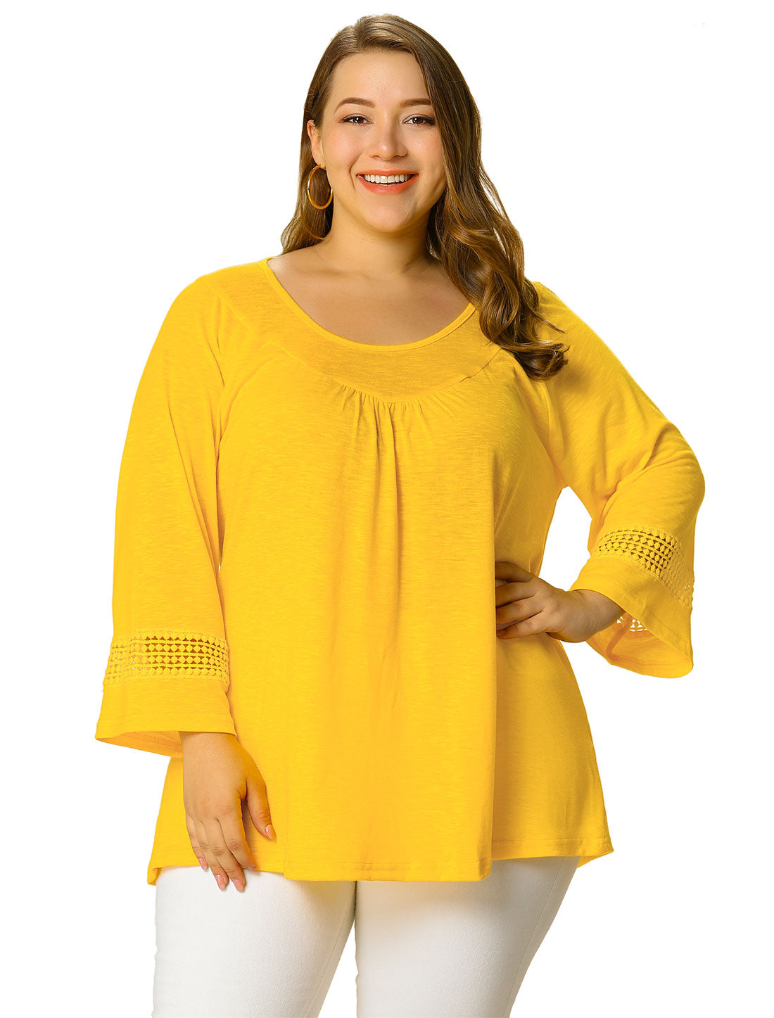 Bublédon Plus Size Plain Long Crochet Sleeve Loose Blouse