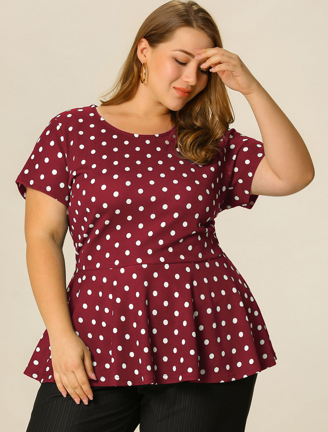 Bublédon Plus Size Short Sleeve Polka Dot Peplum Blouse