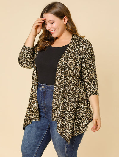 Casual Plus Size Leopard Print Asymmetric Cardigan