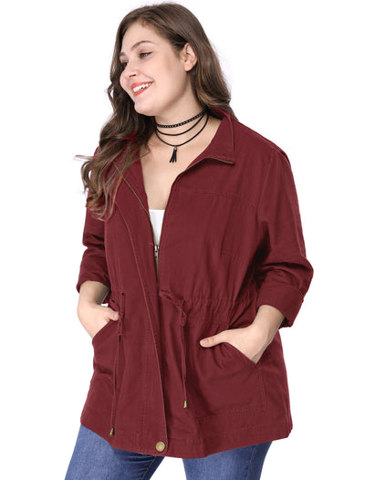 Women's Plus Size Stand Collar Drawstring Utility Jacket