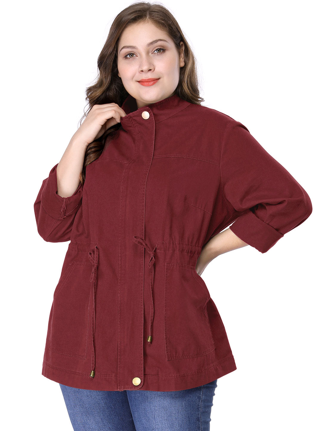 Bublédon Women's Plus Size Stand Collar Drawstring Utility Jacket