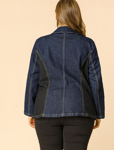 Women's Plus Size Denim Jacket Notched Lapel Color Block Stretch Blazer