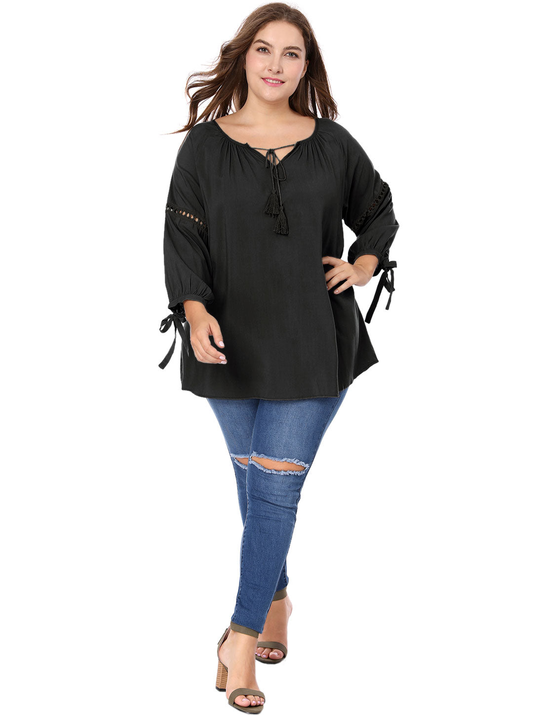 Bublédon Plus Size Hollow Out Sleeve Tie Neck Tunic Blouse