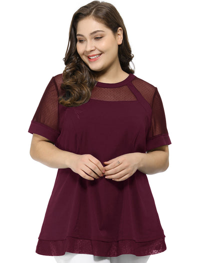 Mesh X Line Round Neck Short Sleeve Blouse