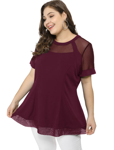 Mesh X Line Round Neck Short Sleeve Blouse