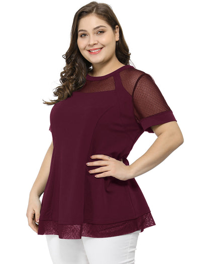 Mesh X Line Round Neck Short Sleeve Blouse