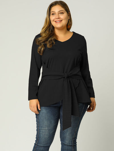 Bublédon Women's Plus Size V Neck Loose Belted Knot Tie Blouse