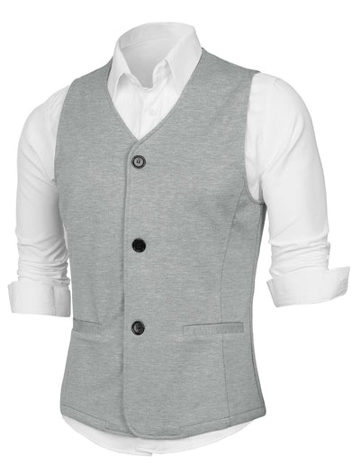 V Neck Sleeveless Two Pockets Button Solid Vest