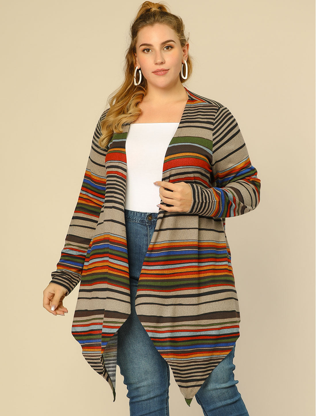 Bublédon Plus Size Kimonos Color Block Boho Striped Cardigan