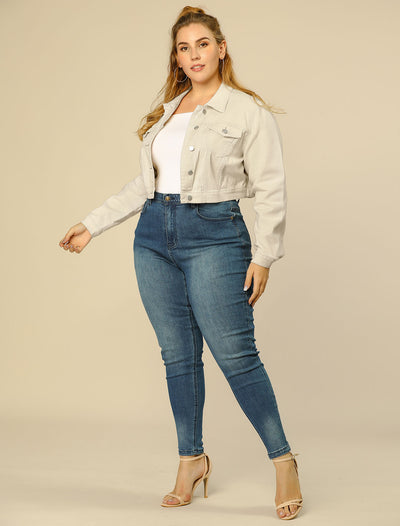 Women Plus Size Button Closed Cropped Denim Jacket