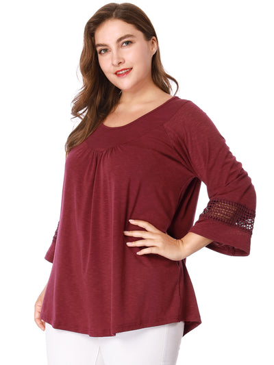 Plus Size Plain Long Crochet Sleeve Loose Blouse