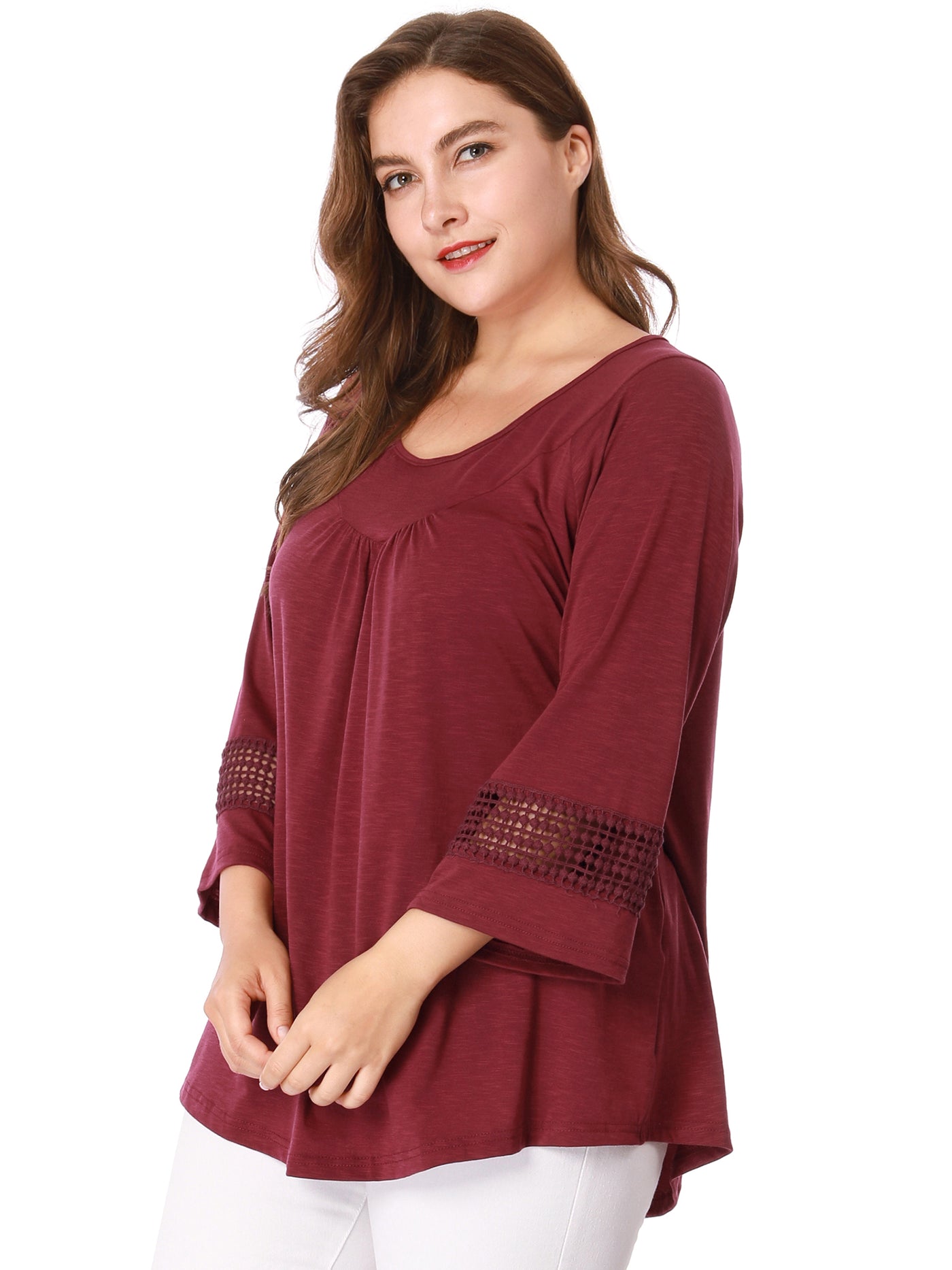 Bublédon Plus Size Plain Long Crochet Sleeve Loose Blouse