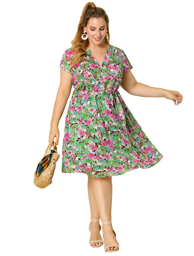 Polyester V Neck Floral Print Summer Plus Size Dress