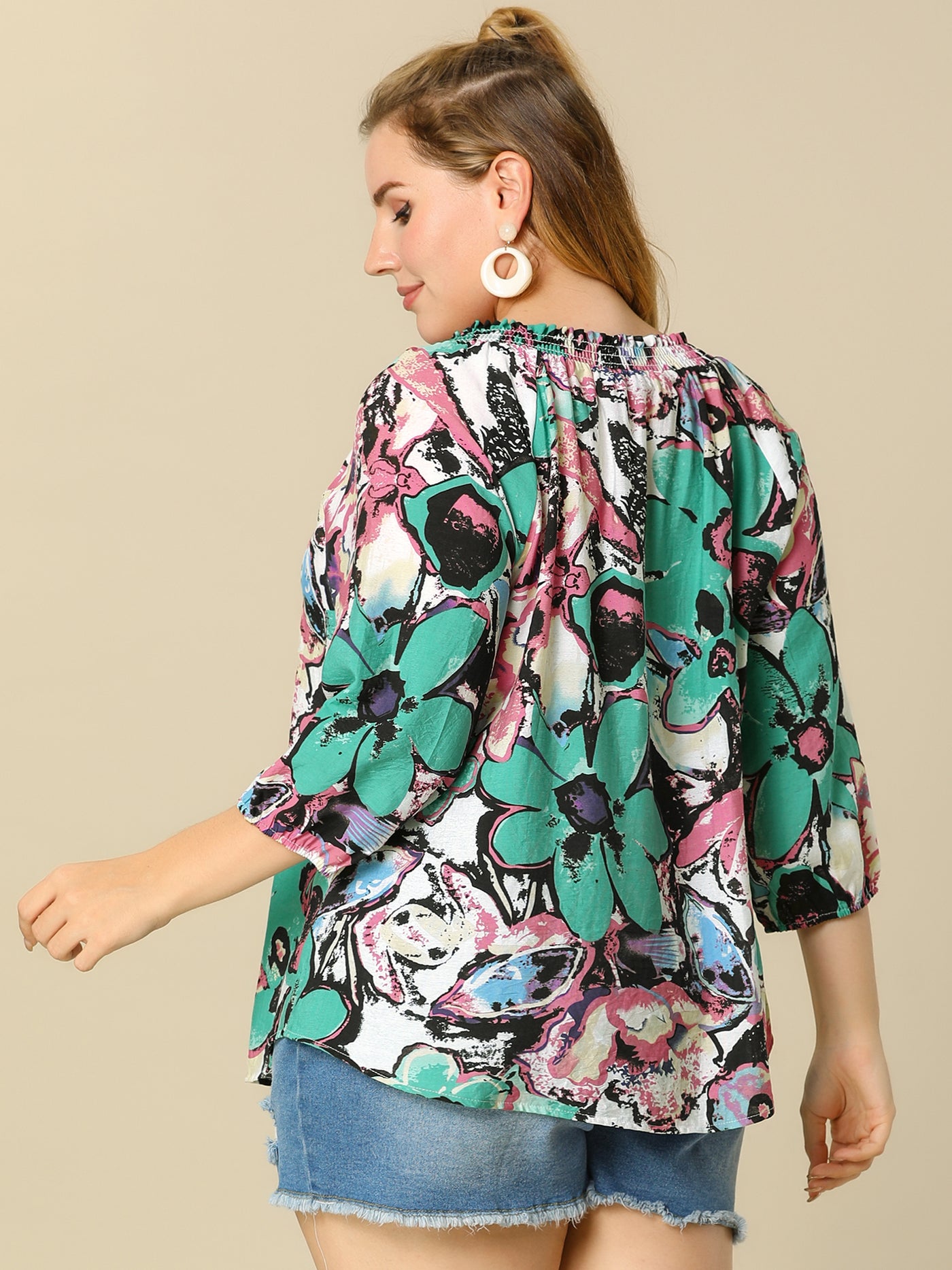 Bublédon Polyester A Line Paint Print Tie Neck Blouse