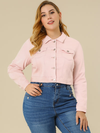 Women Plus Size Button Closed Cropped Denim Jacket