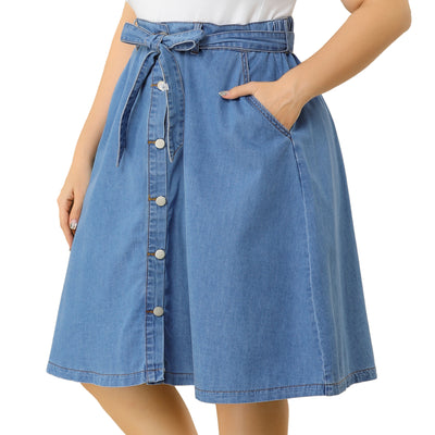 A Line Polyester Button Up Plus Size Denim Skirt