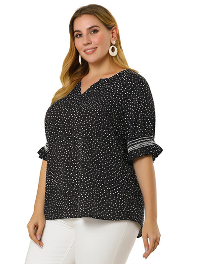 Polyester A Line Pin Dot Ruffle Cuff Blouse