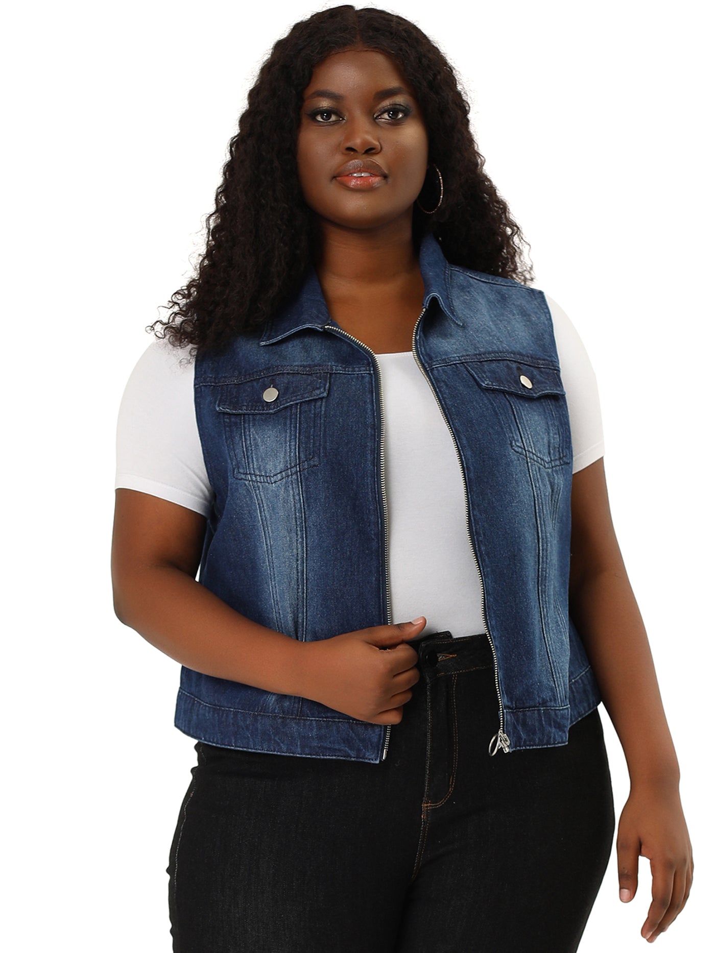 Bublédon Plus Size Trucker Vest Zipper Front Sleeveless Denim Vests