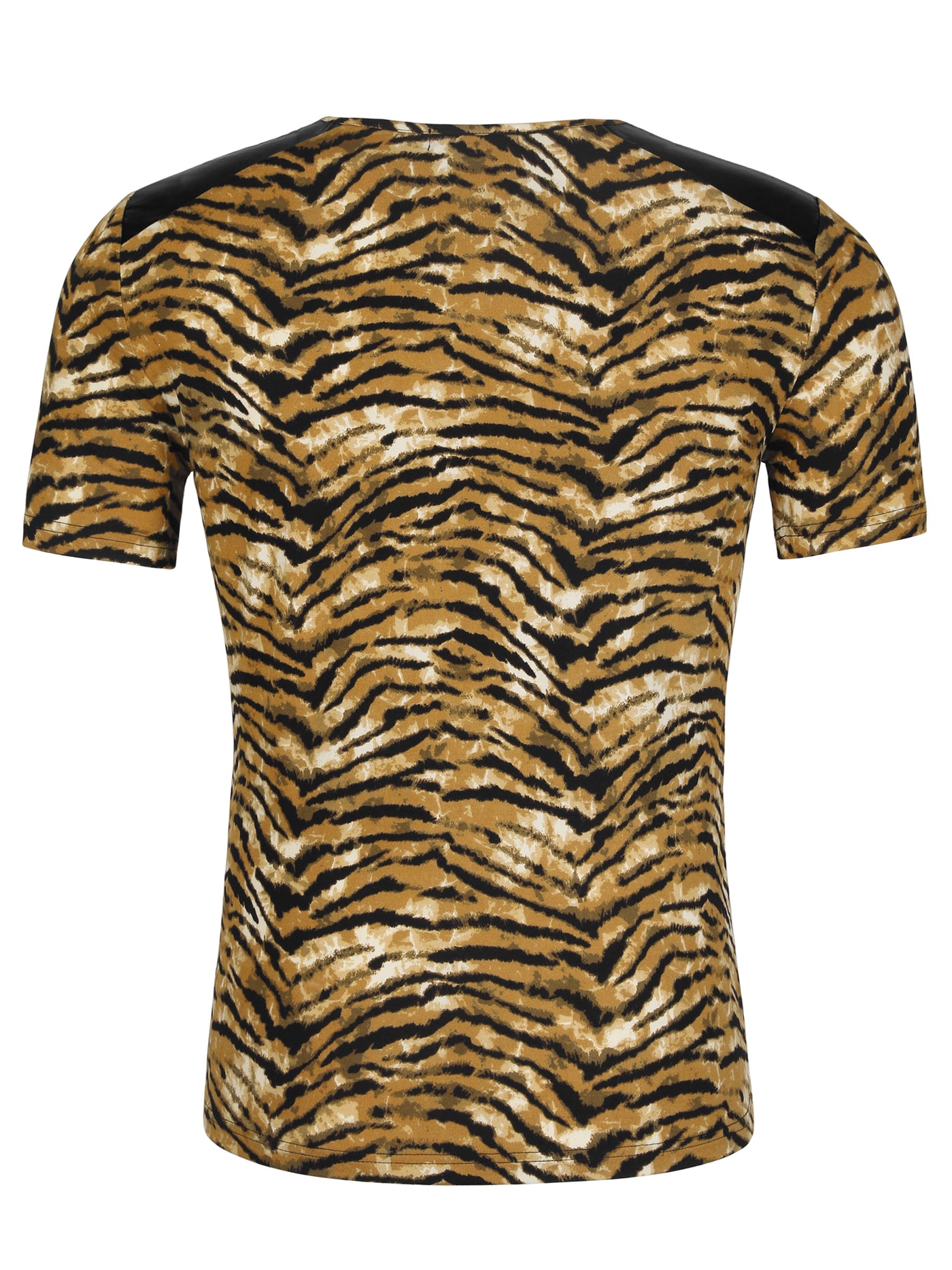 Bublédon Leopard Print V Neck PU Panel Short Sleeve T-shirts