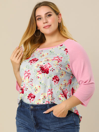 Plus Size Raglan Scoop Neck Floral Long Sleeve Shirt