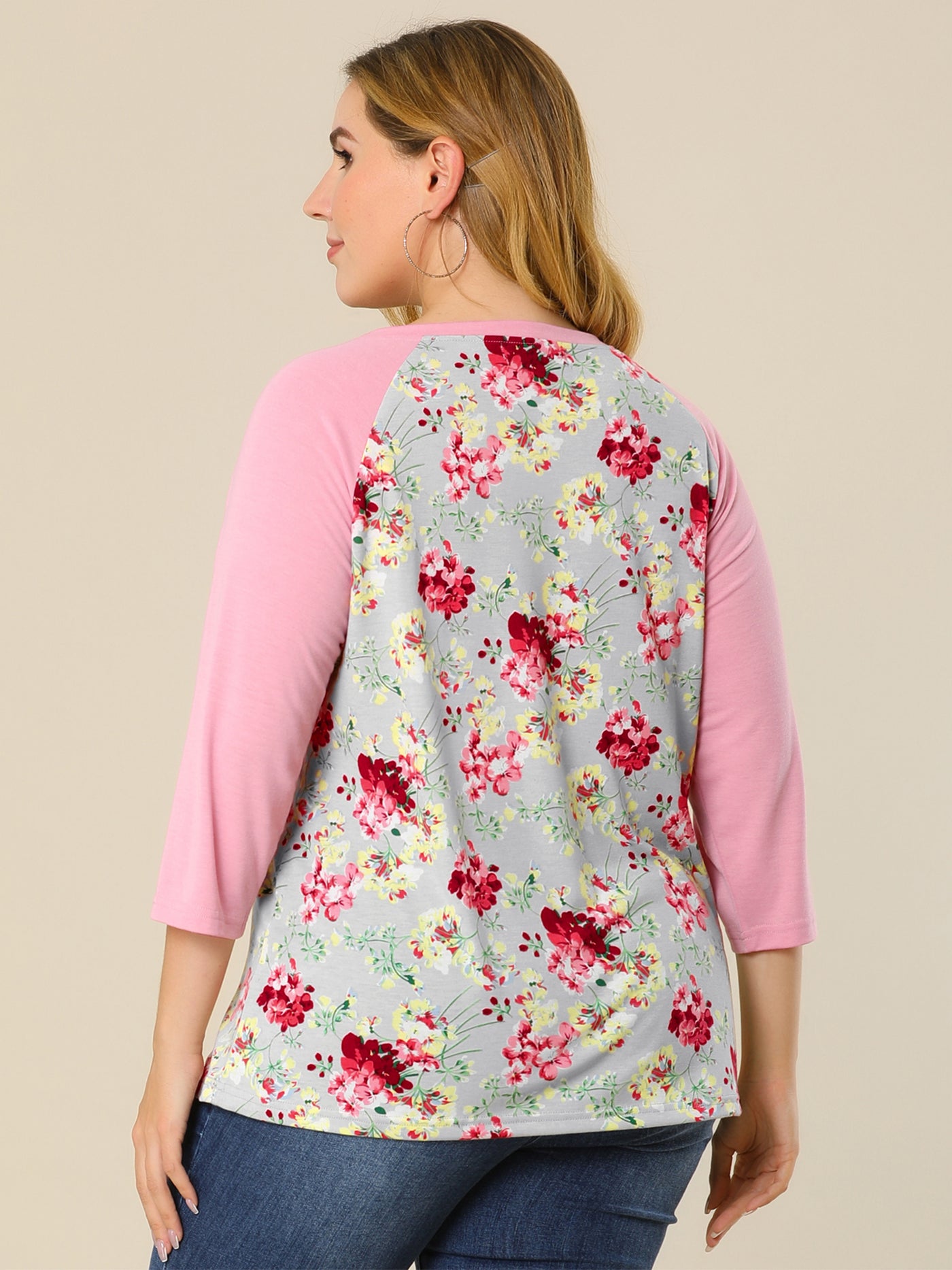 Bublédon Plus Size Raglan Scoop Neck Floral Long Sleeve Shirt