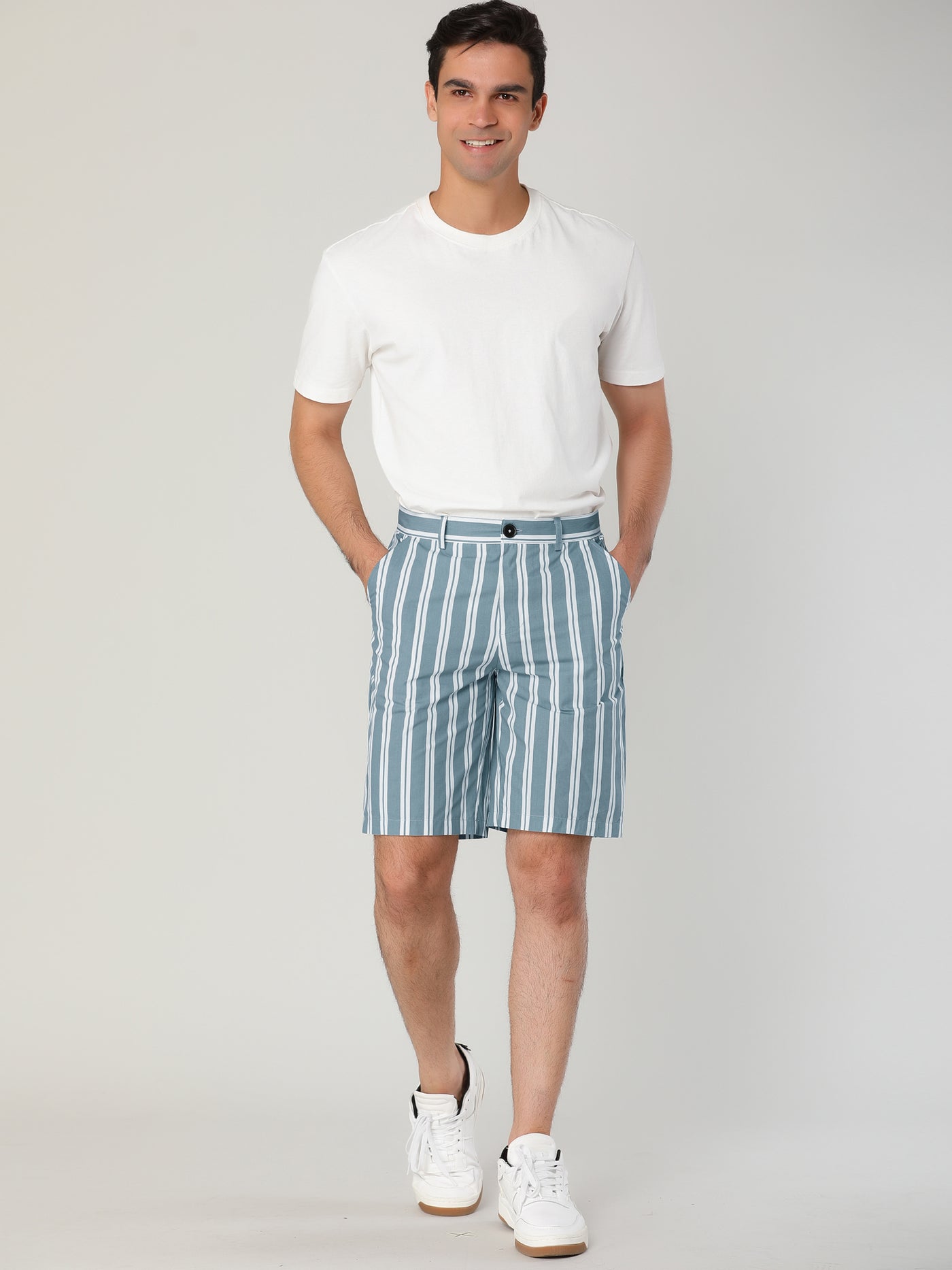 Bublédon Casual Mid Rise Over Knee Vertical Striped Shorts