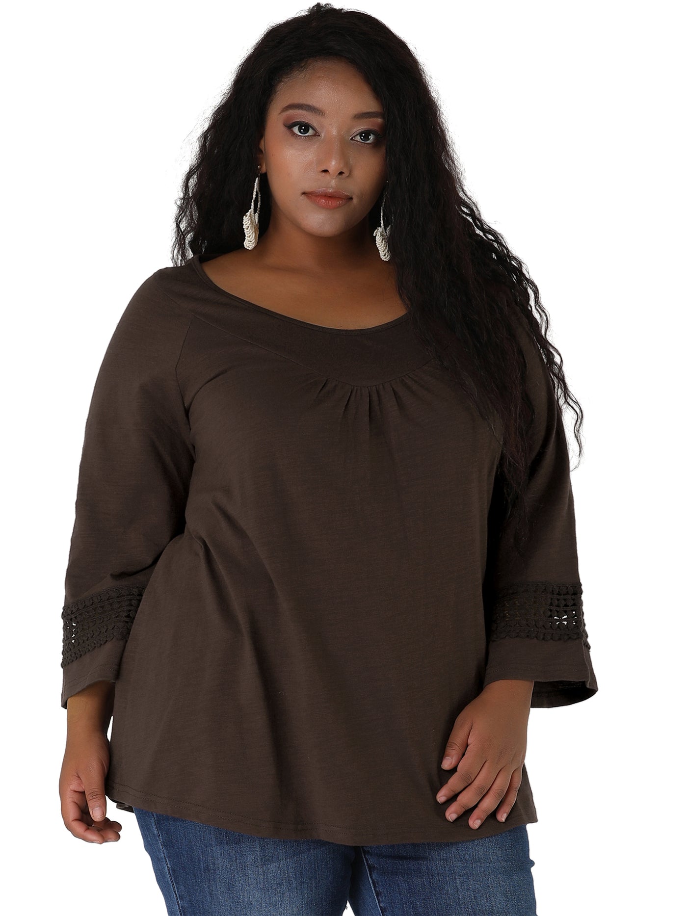 Bublédon Plus Size Plain Long Crochet Sleeve Loose Blouse