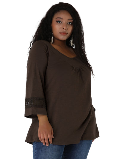 Plus Size Plain Long Crochet Sleeve Loose Blouse