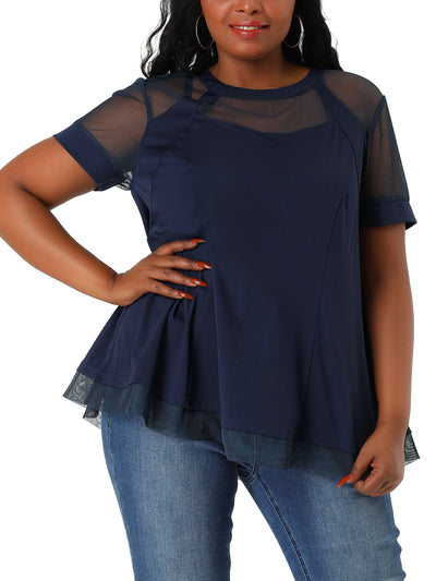 Mesh X Line Round Neck Short Sleeve Blouse