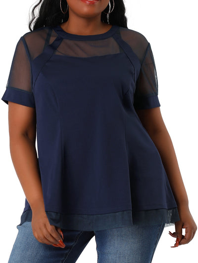 Mesh X Line Round Neck Short Sleeve Blouse