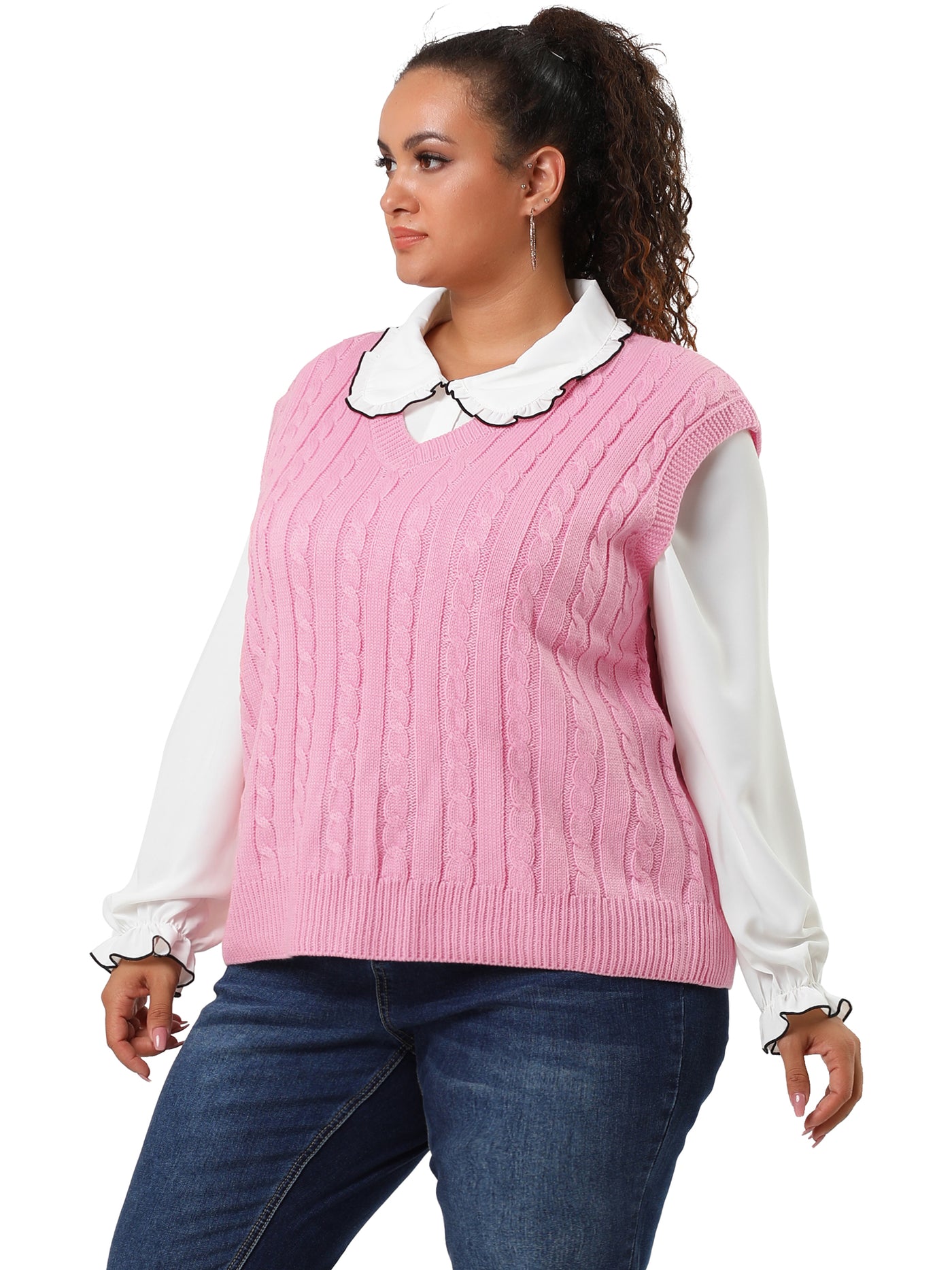 Bublédon Plus Size V Neck Plain Argyle Preppy Style Knit Vests