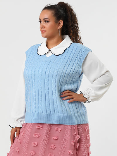 Plus Size V Neck Plain Argyle Preppy Style Knit Vests