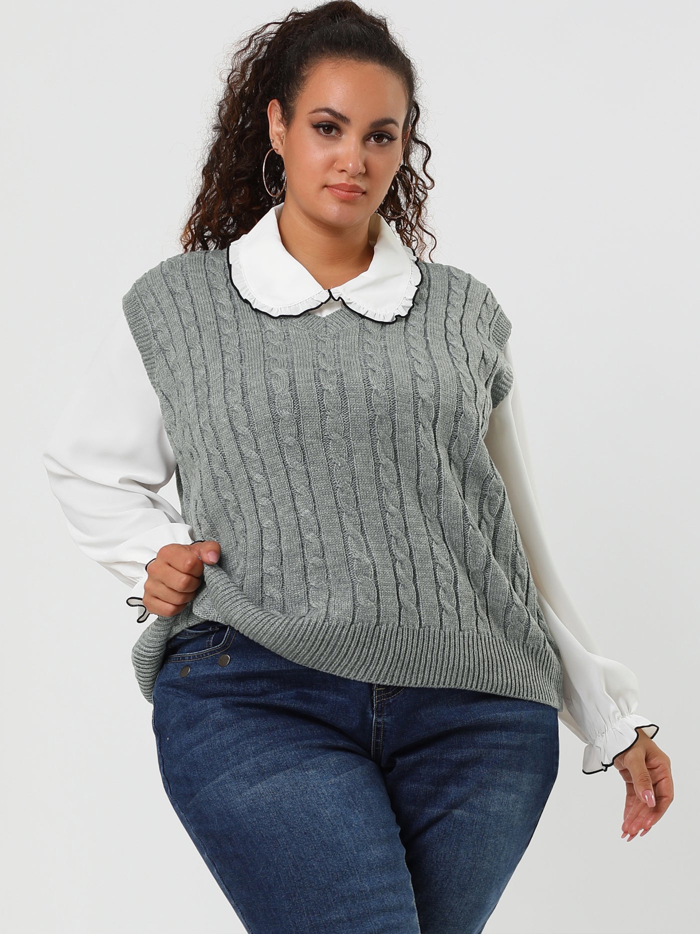 Bublédon Plus Size V Neck Plain Argyle Preppy Style Knit Vests